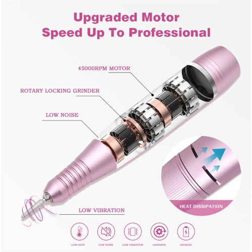 Professional Electric Nail Drill File,45000RPM Portable E-File Machine,Rechargeable Cordless Nail Drill Kit for Shaping,Removing & Polishing Gel