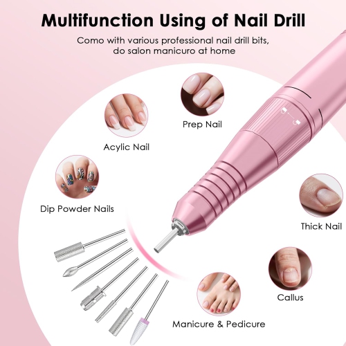 Professional Electric Nail Drill File,45000RPM Portable E-File Machine,Rechargeable Cordless Nail Drill Kit for Shaping,Removing & Polishing Gel