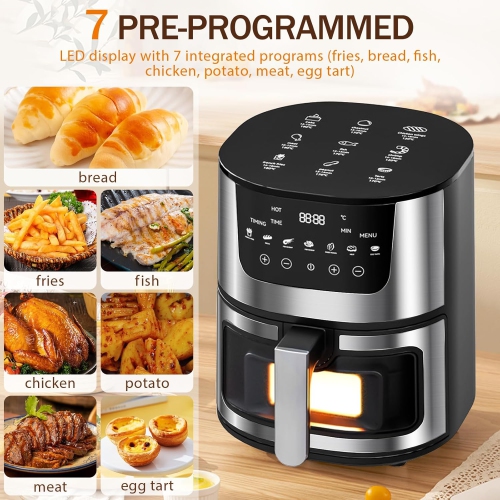 Home use 7L large capacity air fryer | 900W fast heating + digital touch screen | 7 one-touch cooking modes | Healthy, oil-free and low-fat