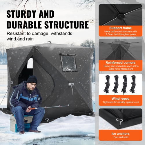 VEVOR 60"x60" Portable Ice Shelter, 1-2 Person Pop-Up Ice Fishing Tent, 24 Square Feet Fishable Area, Ice Shanty for Winter Fishing, Waterproof
