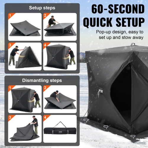 VEVOR 60"x60" Portable Ice Shelter, 1-2 Person Pop-Up Ice Fishing Tent, 24 Square Feet Fishable Area, Ice Shanty for Winter Fishing, Waterproof