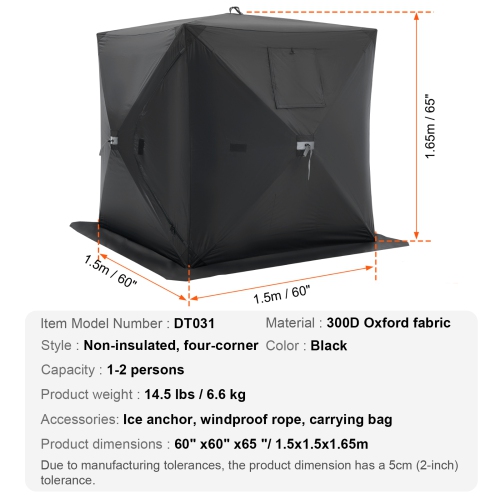 VEVOR 60"x60" Portable Ice Shelter, 1-2 Person Pop-Up Ice Fishing Tent, 24 Square Feet Fishable Area, Ice Shanty for Winter Fishing, Waterproof