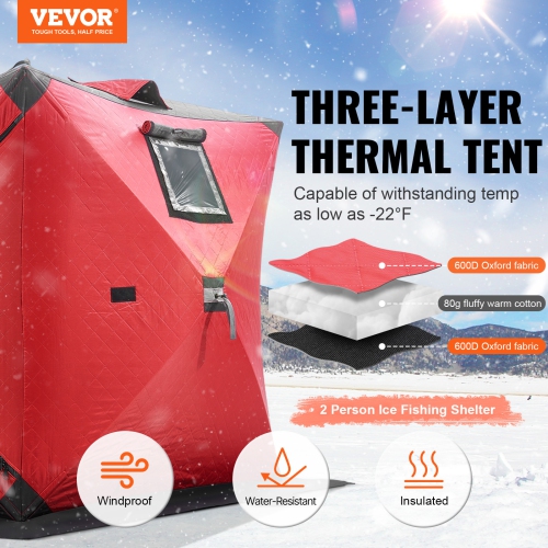 VEVOR 60"x60" Portable Ice Shelter, 1-2 Person Insulated Pop-Up Ice Fishing Tent, 24 Square Feet Fishable Area, Thermal Ice Shanty for Winter