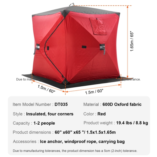 VEVOR 60"x60" Portable Ice Shelter, 1-2 Person Insulated Pop-Up Ice Fishing Tent, 24 Square Feet Fishable Area, Thermal Ice Shanty for Winter