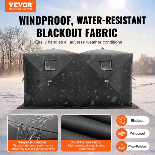 VEVOR 142"x71" Portable Ice Shelter, 6-8 Person Pop-Up Ice Fishing Tent, 70 Square Feet Fishable Area, Ice Shanty for Winter Fishing, Waterproof