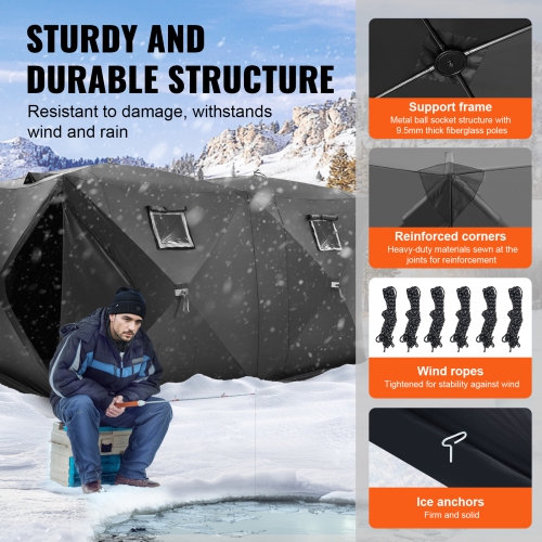 VEVOR 142"x71" Portable Ice Shelter, 6-8 Person Pop-Up Ice Fishing Tent, 70 Square Feet Fishable Area, Ice Shanty for Winter Fishing, Waterproof