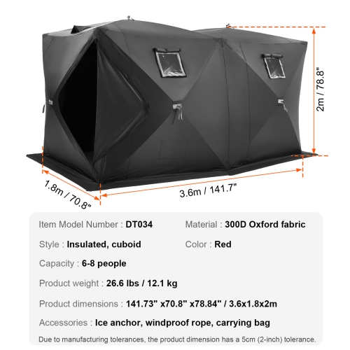 VEVOR 142"x71" Portable Ice Shelter, 6-8 Person Pop-Up Ice Fishing Tent, 70 Square Feet Fishable Area, Ice Shanty for Winter Fishing, Waterproof