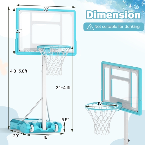 Gymax Pool Basketball Hoop w/32'' Shatterproof Backboard 3.1-4.1 FT Adjustable Height