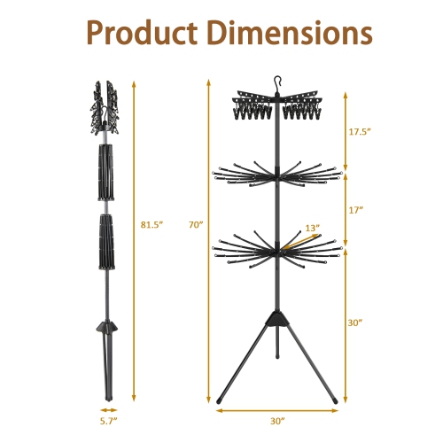 Gymax 70'' Folding Freestanding Tripod Laundry Drying Rack w/ 24 Clips & 32 Rods