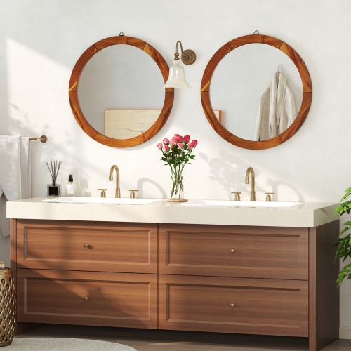 Gymax 27'' x 27'' Rustic Wall Mounted Decorative Mirror w/Solid Acacia Wood Frame