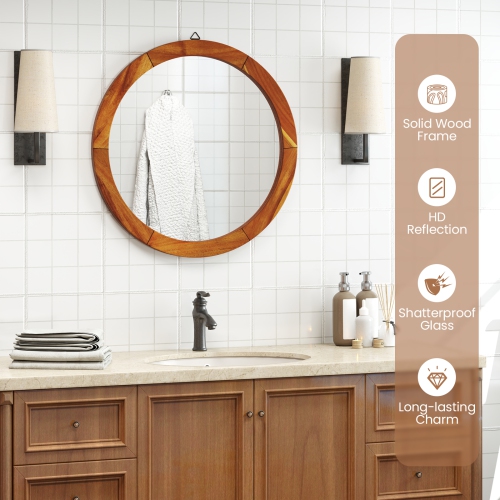 Gymax 27'' x 27'' Rustic Wall Mounted Decorative Mirror w/Solid Acacia Wood Frame