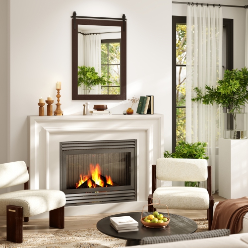 Gymax Farmhouse Wall Mirror Rustic Wood Frame Barn Door Style Decorative Mirror