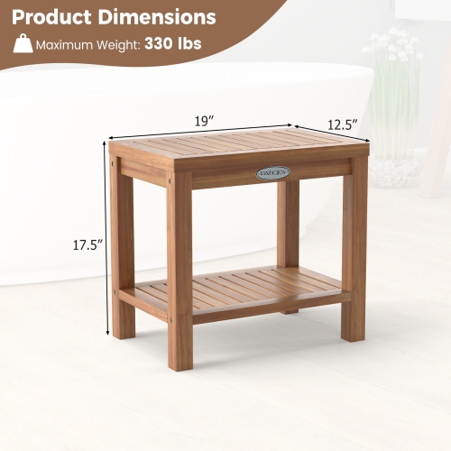 Gymax 19 Inch Teak Wood Shower Bench Inside Shower Stool w/ Storage Shelf for Adults