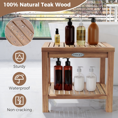 Gymax 19 Inch Teak Wood Shower Bench Inside Shower Stool w/ Storage Shelf for Adults