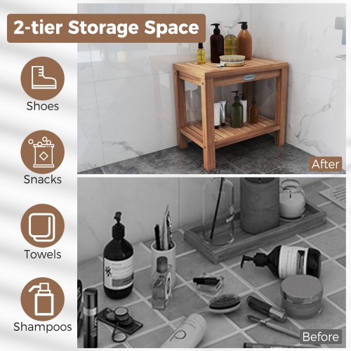 Gymax 19 Inch Teak Wood Shower Bench Inside Shower Stool w/ Storage Shelf for Adults