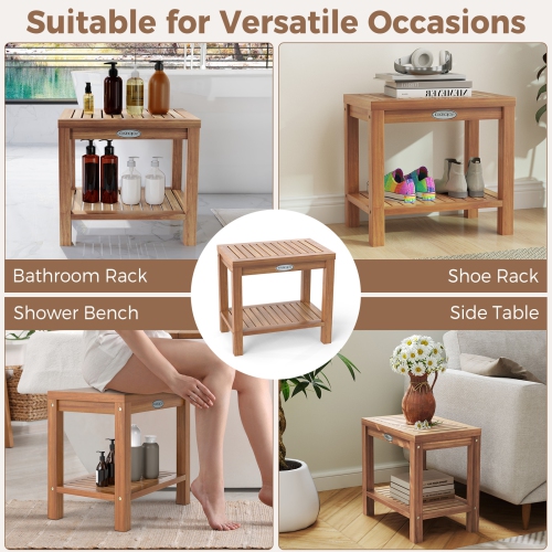 Gymax 19 Inch Teak Wood Shower Bench Inside Shower Stool w/ Storage Shelf for Adults