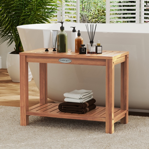 Gymax 24 Inch Teak Wood Shower Bench Inside Shower Stool w/ Storage Shelf for Adults