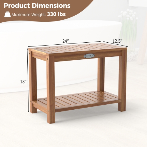 Gymax 24 Inch Teak Wood Shower Bench Inside Shower Stool w/ Storage Shelf for Adults