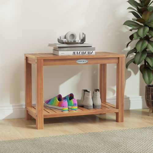 Gymax 24 Inch Teak Wood Shower Bench Inside Shower Stool w/ Storage Shelf for Adults