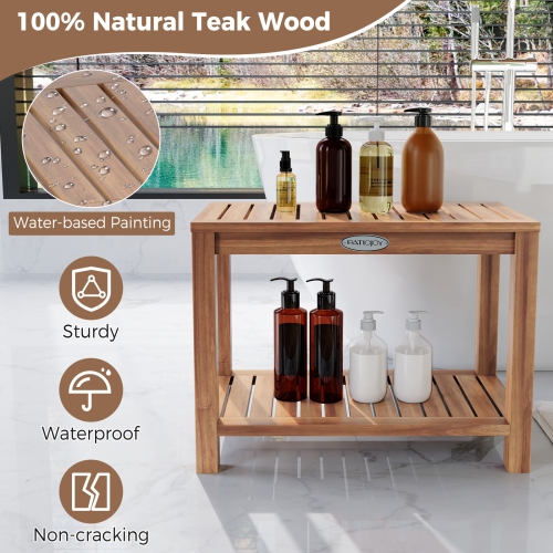 Gymax 24 Inch Teak Wood Shower Bench Inside Shower Stool w/ Storage Shelf for Adults