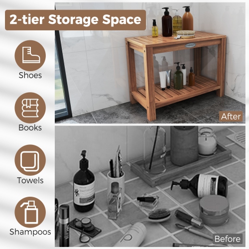 Gymax 24 Inch Teak Wood Shower Bench Inside Shower Stool w/ Storage Shelf for Adults