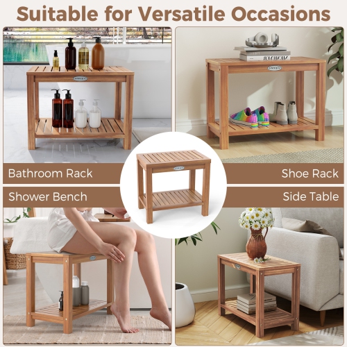 Gymax 24 Inch Teak Wood Shower Bench Inside Shower Stool w/ Storage Shelf for Adults