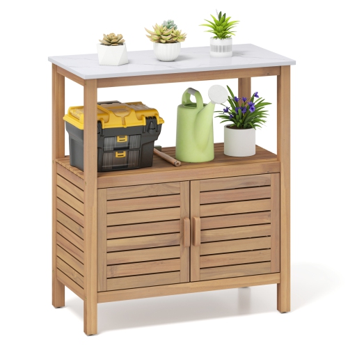 Gymax Outdoor Potting Bench w/ Resin Tabletop Storage Shelf & Cabinet Louvered Doors