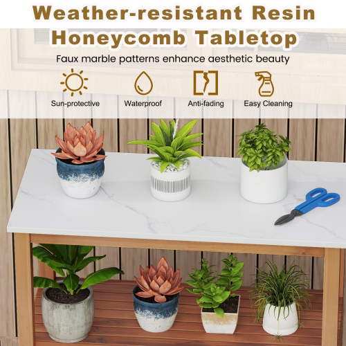 Gymax Outdoor Potting Bench w/ Resin Tabletop Storage Shelf & Cabinet Louvered Doors