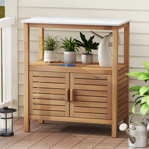 Gymax Outdoor Potting Bench w/ Resin Tabletop Storage Shelf & Cabinet Louvered Doors