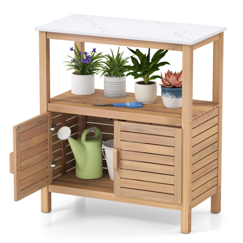 Gymax Outdoor Potting Bench w/ Resin Tabletop Storage Shelf & Cabinet Louvered Doors