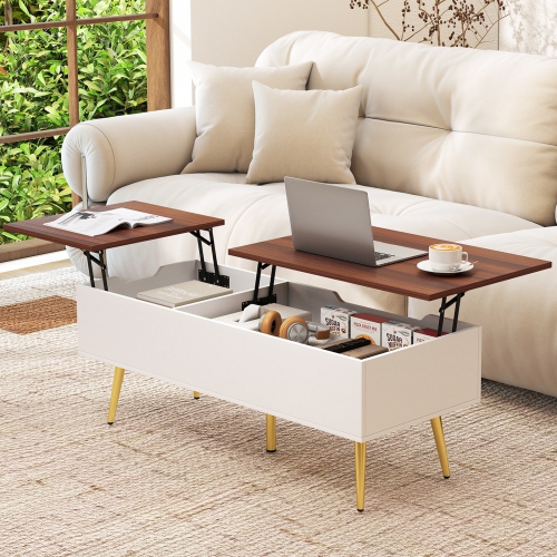 Gymax Lift Top Coffee Table w/ Split Top & 2 Hidden Compartments Tapered Metal Legs