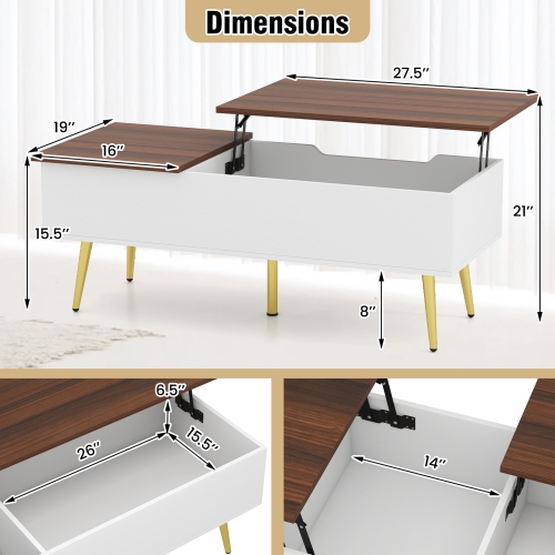 Gymax Lift Top Coffee Table w/ Split Top & 2 Hidden Compartments Tapered Metal Legs