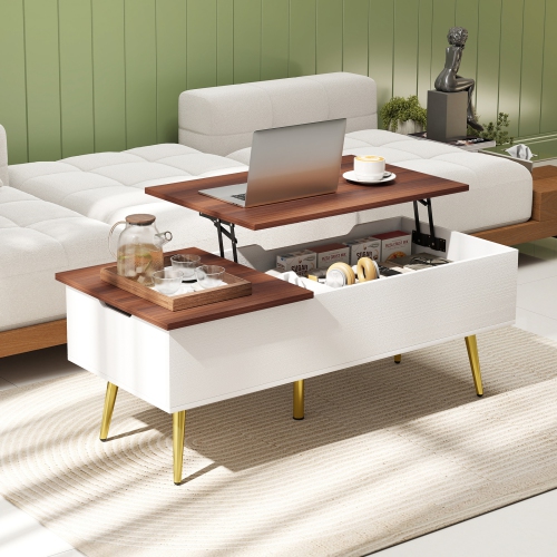Gymax Lift Top Coffee Table w/ Split Top & 2 Hidden Compartments Tapered Metal Legs
