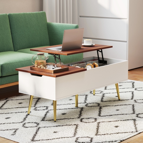 Gymax Lift Top Coffee Table w/ Split Top & 2 Hidden Compartments Tapered Metal Legs