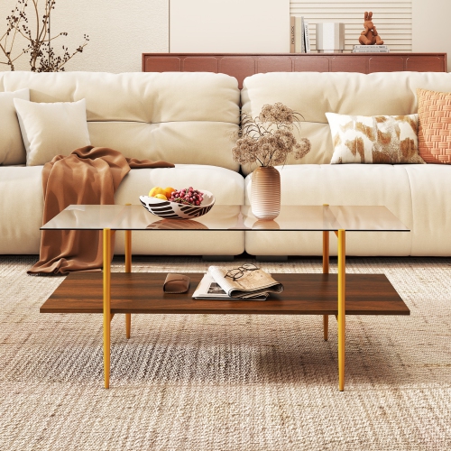 Gymax 2-Tier Glass Coffee Table w/ Tampered Glass Tabletop & Open Storage Shelf