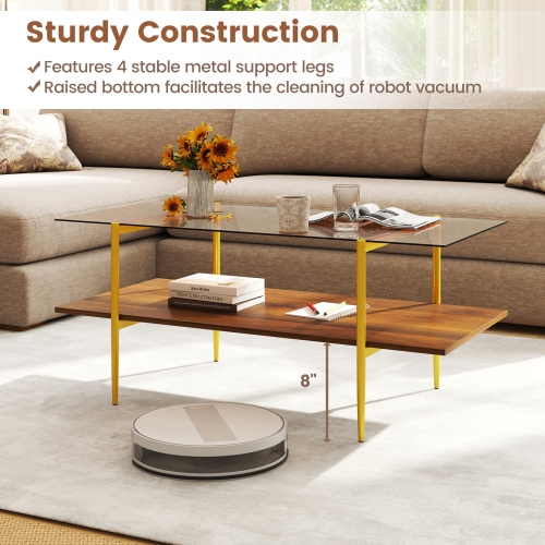 Gymax 2-Tier Glass Coffee Table w/ Tampered Glass Tabletop & Open Storage Shelf