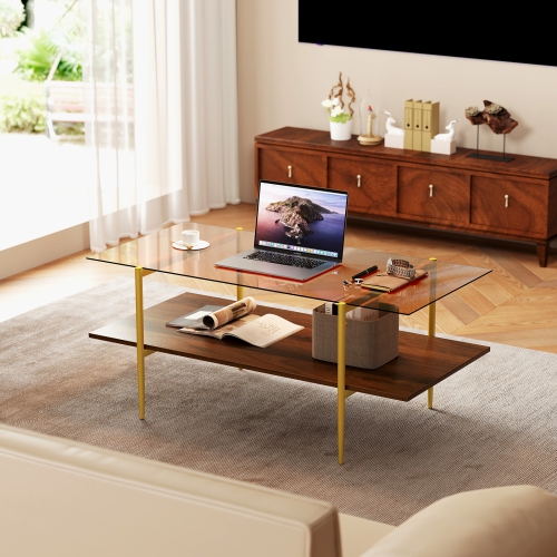 Gymax 2-Tier Glass Coffee Table w/ Tampered Glass Tabletop & Open Storage Shelf