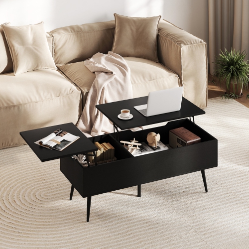Gymax Lift Top Coffee Table w/ Split Top & 2 Hidden Compartments Tapered Metal Legs