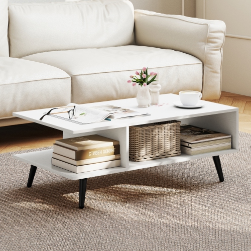 Gymax 2-Tier Coffee Table w/ Compartments & Metal Legs Rectangle Tea Cocktail Table