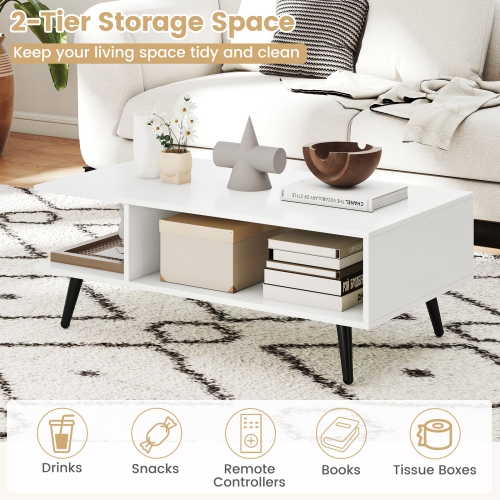 Gymax 2-Tier Coffee Table w/ Compartments & Metal Legs Rectangle Tea Cocktail Table