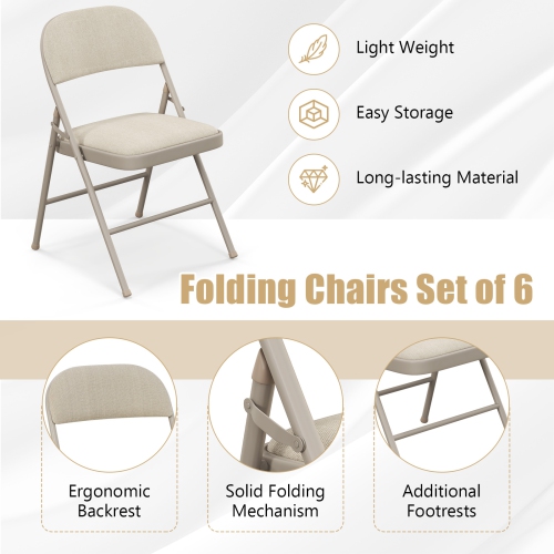 Gymax Set of 6 Folding Chairs Fabric Upholstered Padded Seat Metal Frame Home Office