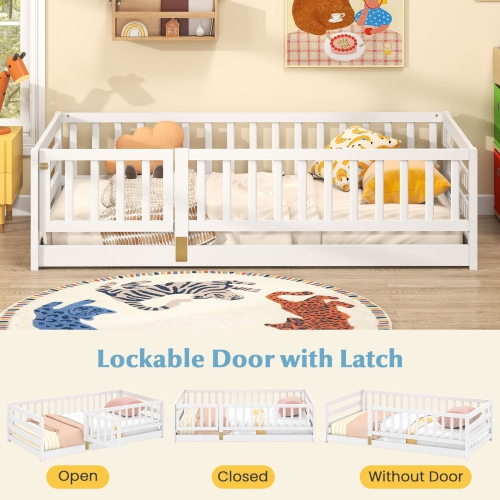 Gymax Twin Size Floor Bed w/High Fence & Door Safety Guardrails Wood Floor Bed Frame