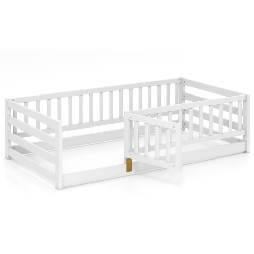 Gymax Twin Size Floor Bed w/High Fence & Door Safety Guardrails Wood Floor Bed Frame