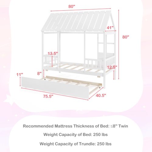 Gymax Twin Size House Bed w/ Trundle Roof Window & Safety Guardrails Slats Support