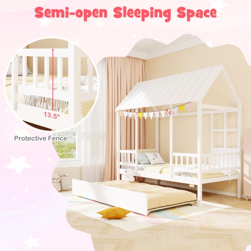 Gymax Twin Size House Bed w/ Trundle Roof Window & Safety Guardrails Slats Support