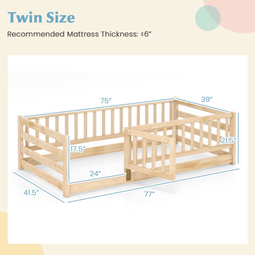 Gymax Twin Size Floor Bed w/High Fence & Door Safety Guardrails Wood Floor Bed Frame