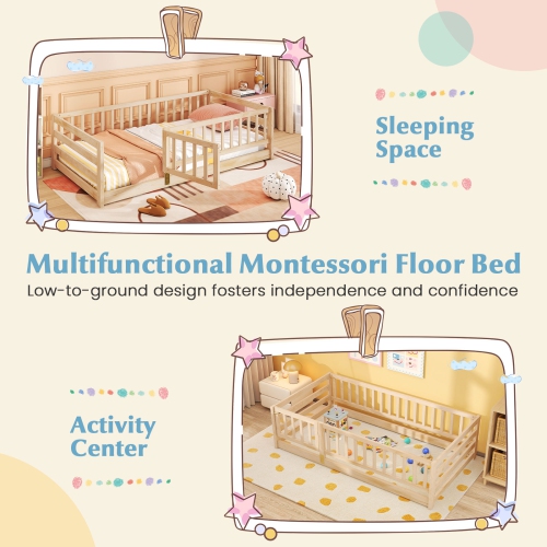 Gymax Twin Size Floor Bed w/High Fence & Door Safety Guardrails Wood Floor Bed Frame