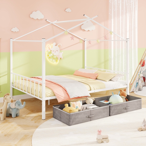 GYMAX  Full Size Metal House Bed W/ 2 Fabric Drawers Heavy-Duty Platform Bed