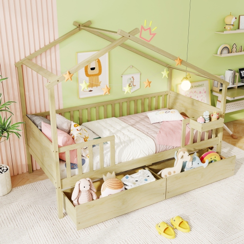 Gymax Twin House Bed w/ 2 Storage Drawers Roof & Fence Rails Headboard & Footboard