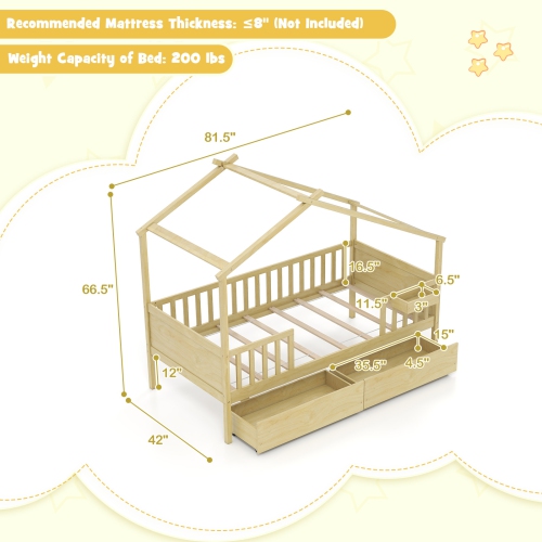 Gymax Twin House Bed w/ 2 Storage Drawers Roof & Fence Rails Headboard & Footboard